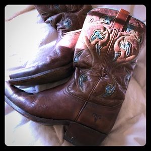 Frye boots with teal flower work